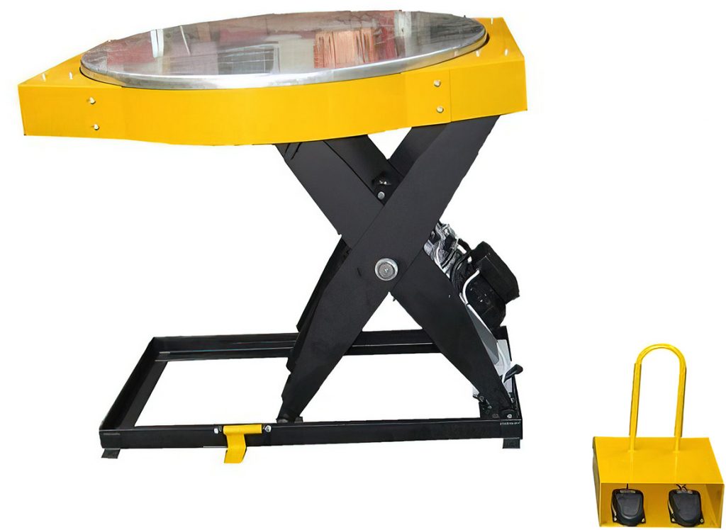 Hydraulic lift table elevating a pallet to waist height in a warehouse setting